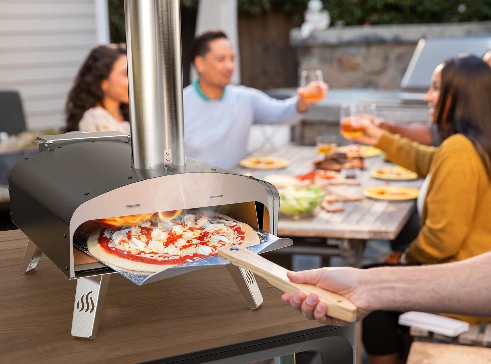 Mimiuo Pellet Pizzaofen,Outdoor pizzaofen mit 33x 33 cm Pizzastein und 36.5X 33.5cm Pizzaschalefel für Garten, Pellet Pizza Oven