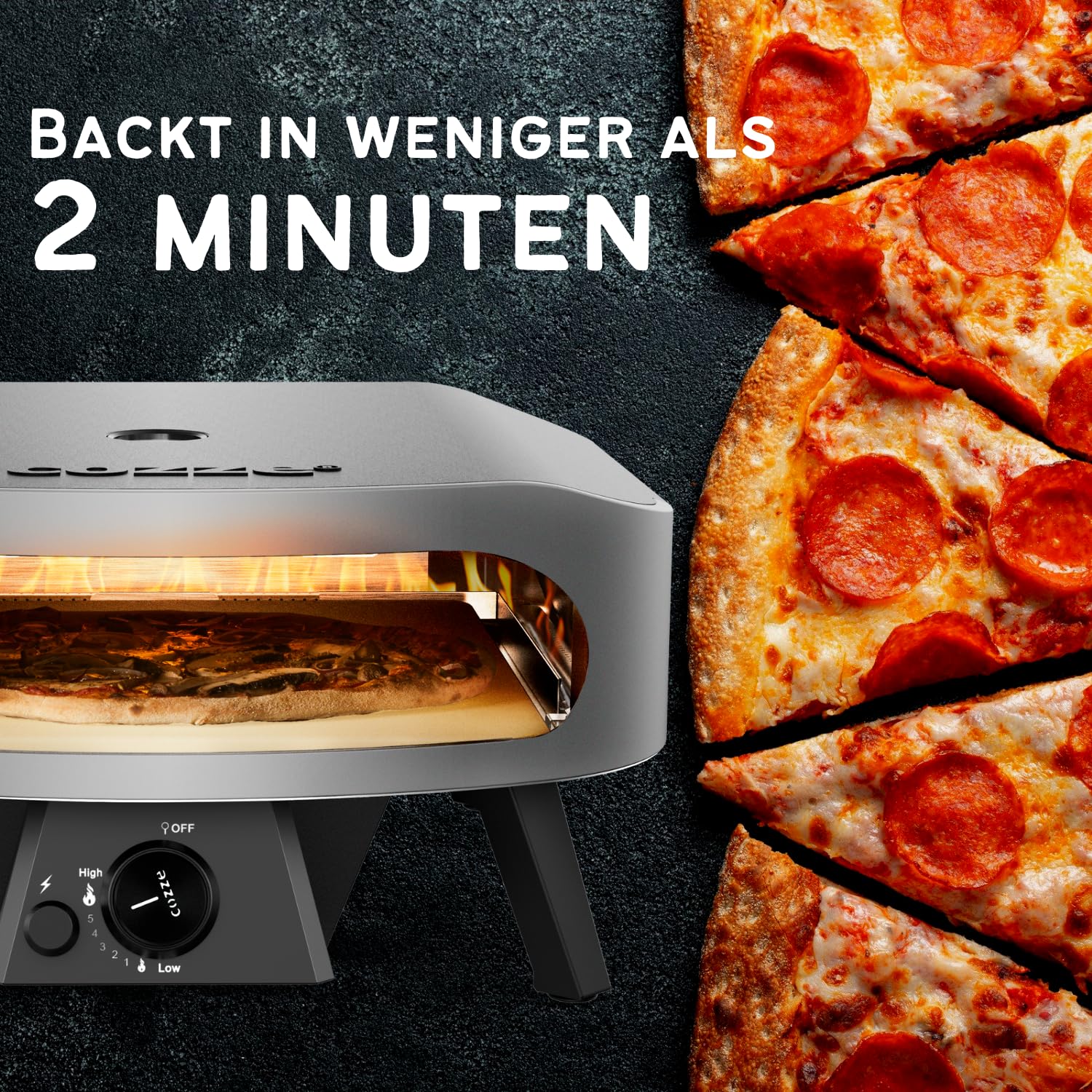 cozze 17" Großer Pizzaofen Gas Outdoor (50mbar) - Pizza Backofen mit Regulator für Familienpizzen – Inkl. Gasschlauch & Regler – 8,0 kW U-Brenner – für Garten & Terrasse