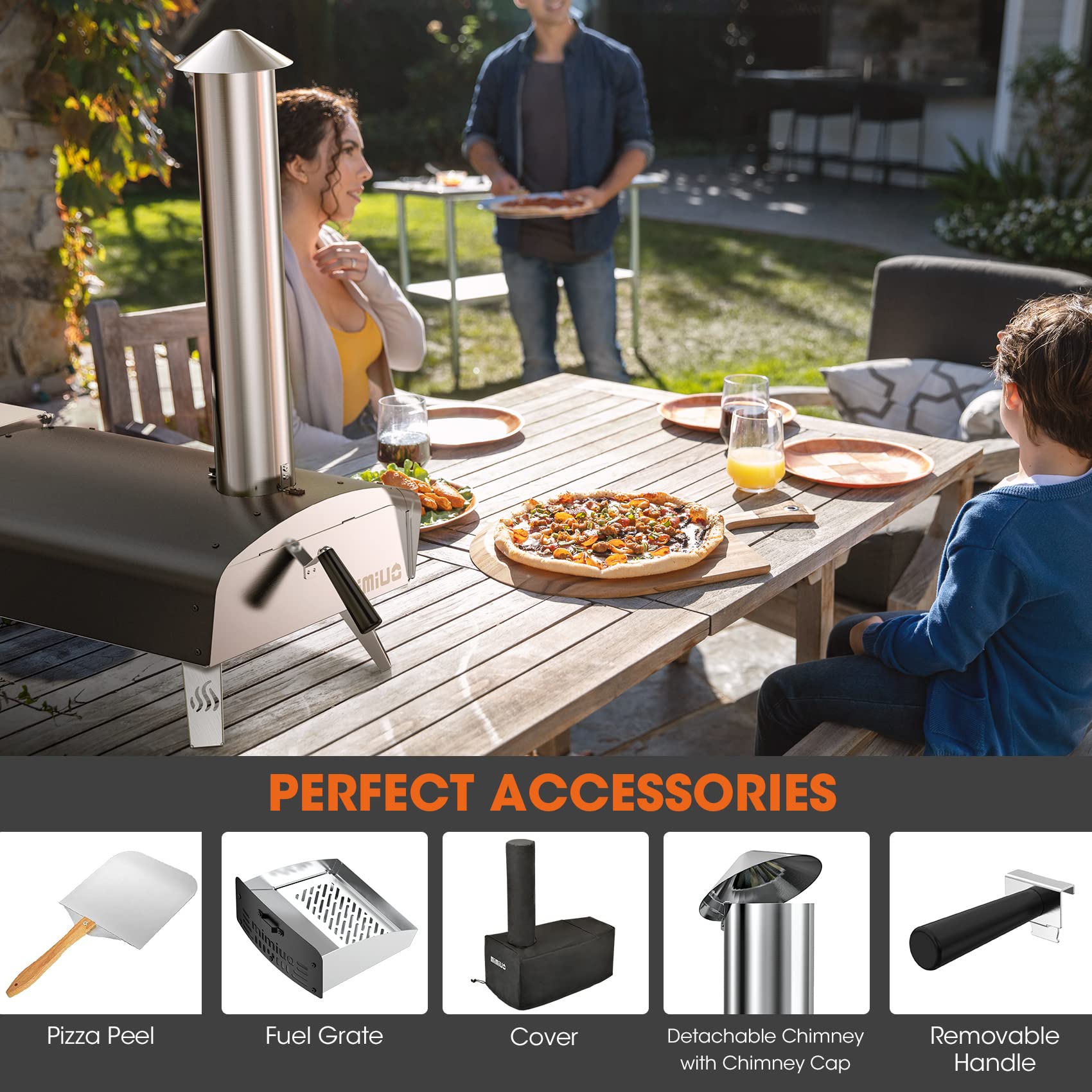 Mimiuo Pellet Pizzaofen,Outdoor pizzaofen mit 33x 33 cm Pizzastein und 36.5X 33.5cm Pizzaschalefel für Garten, Pellet Pizza Oven