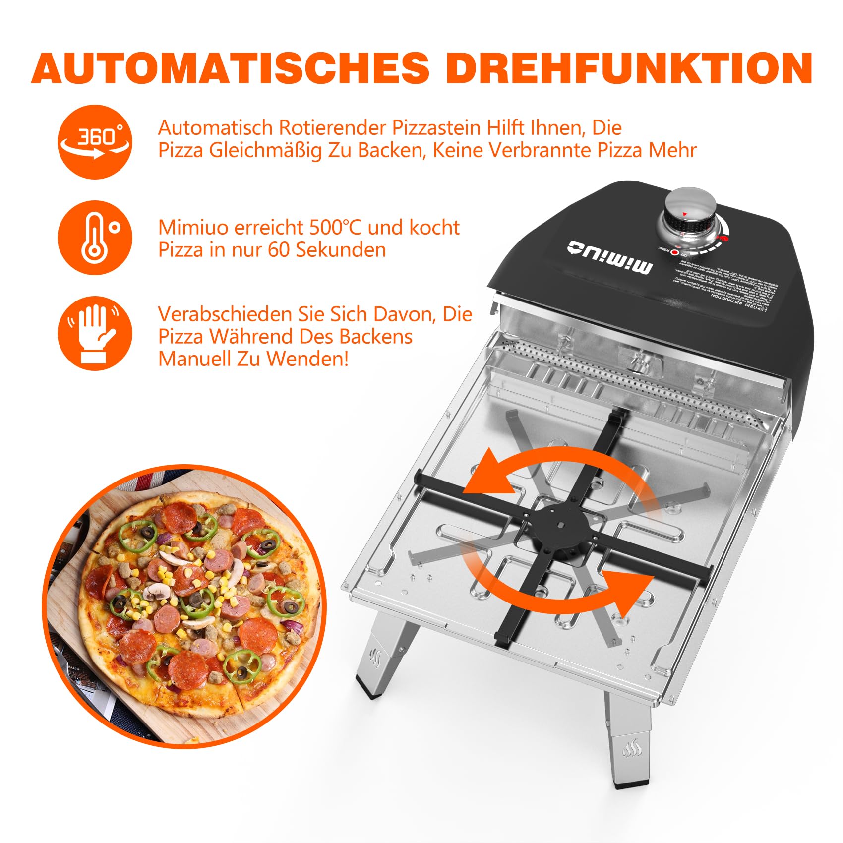 Mimiuo Gas Pizzaofen mit Drehfunktion für den Garten, Tragbarer Pizza Ofen Outdoor mit 33cm Runden Pizzastein und Pizzaschaufel, Schwarz (Globales Patent)