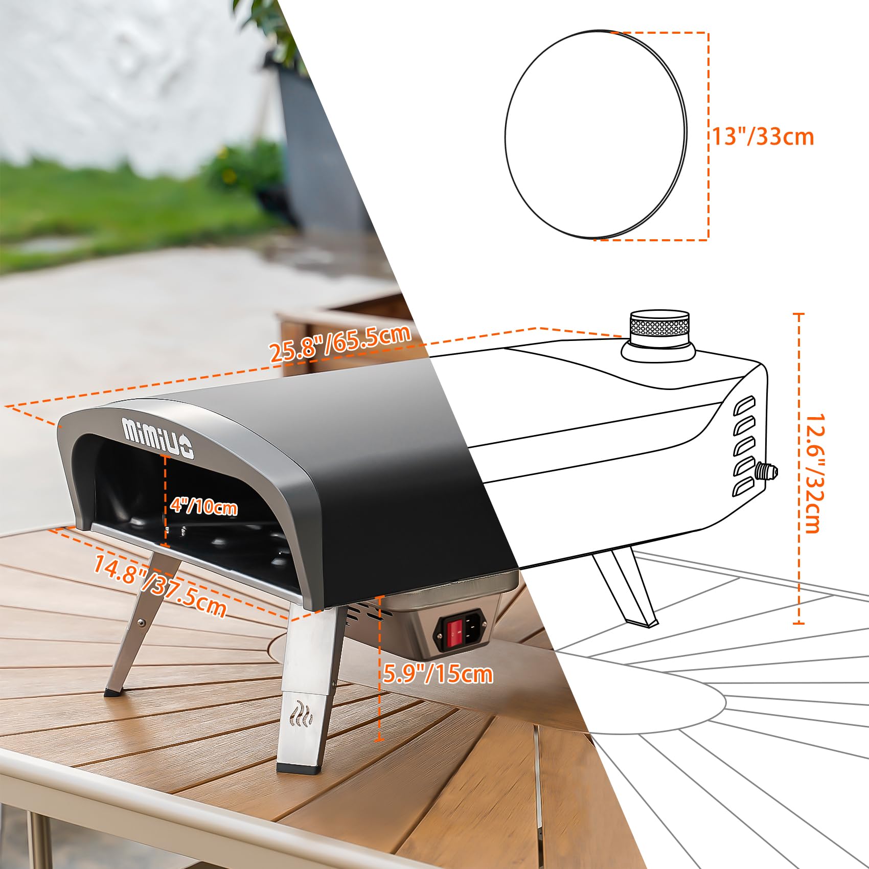 Mimiuo Gas Pizzaofen mit Drehfunktion für den Garten, Tragbarer Pizza Ofen Outdoor mit 33cm Runden Pizzastein und Pizzaschaufel, Schwarz (Globales Patent)